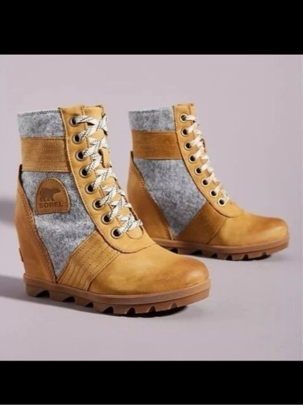 Sorel Lexie Camel Tan Leather Gray Fleece Wedge Lace Up Burnished Ankle Boots